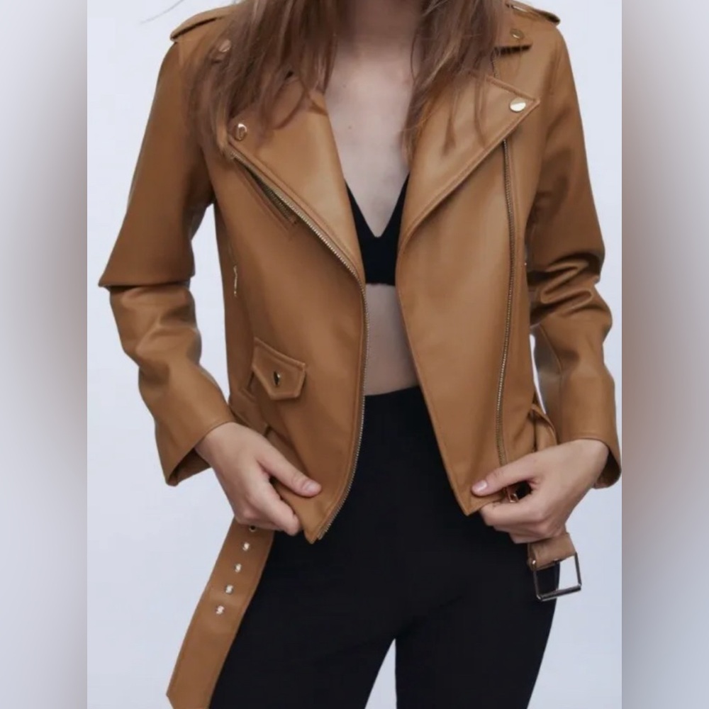 Zara‎ Women's Faux Leather Moto Biker Jacket Camel Brown Size L